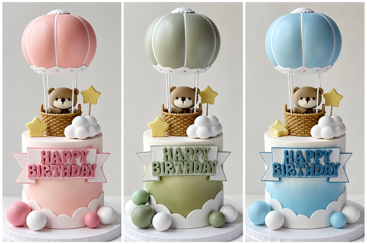3pc Teddy Bear, Hot Air Balloon & Happy Birthday Topper Set | Baby Shower & Birthday Cake Decoration
