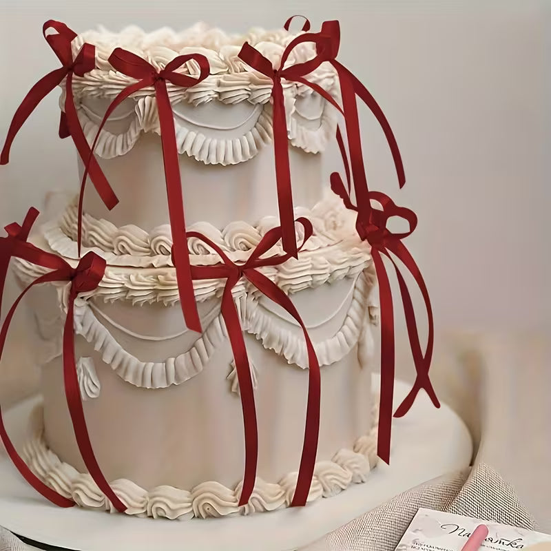 Ribbon Bow Cake Decorations – 10 Pack | Red, Black & Pink Cake Bows