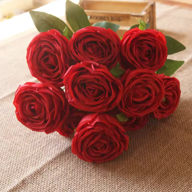 Red Concubine Rose Stem – 10 Flowers 44cm tall x 8cm wide flower | Artificial Roses for Cake Decorating