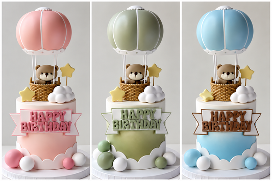 3pc Teddy Bear, Hot Air Balloon & Happy Birthday Topper Set | Baby Shower & Birthday Cake Decoration