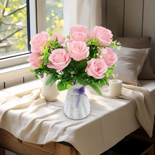 Artificial Pink Rose Stem – 6 Roses 38cm tall stem, 5.5cm wide flower | Faux Flowers for Cake Decorating