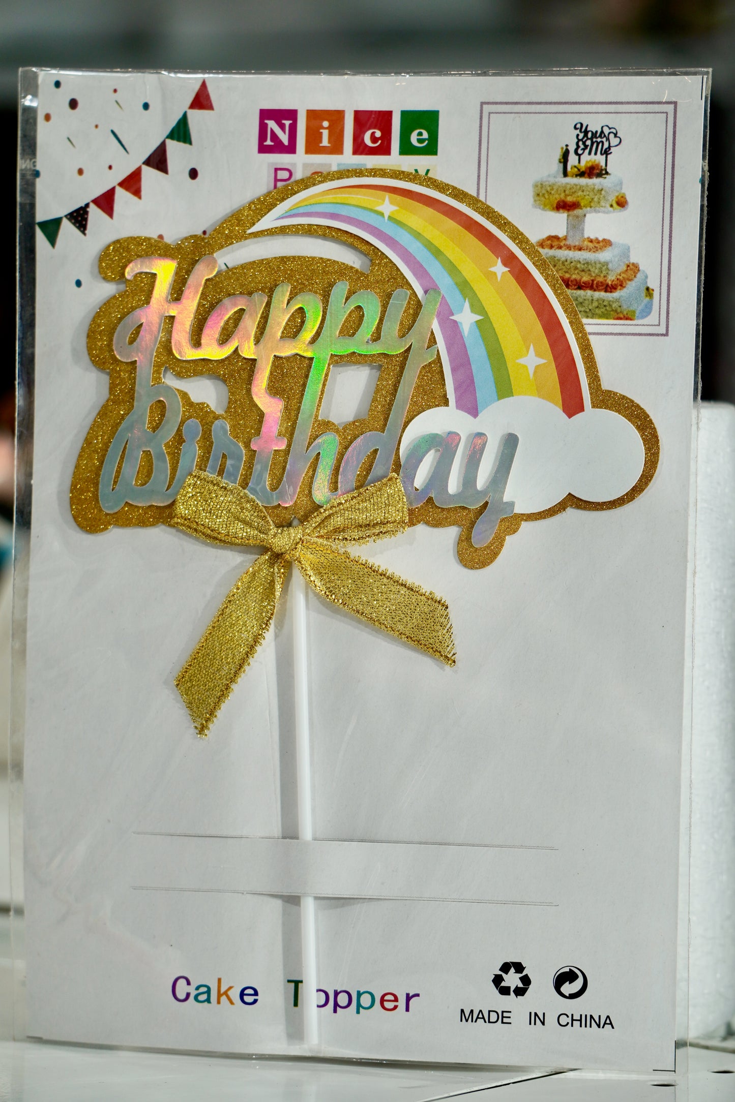 Gold Happy Birthday Cake Topper with Rainbow
