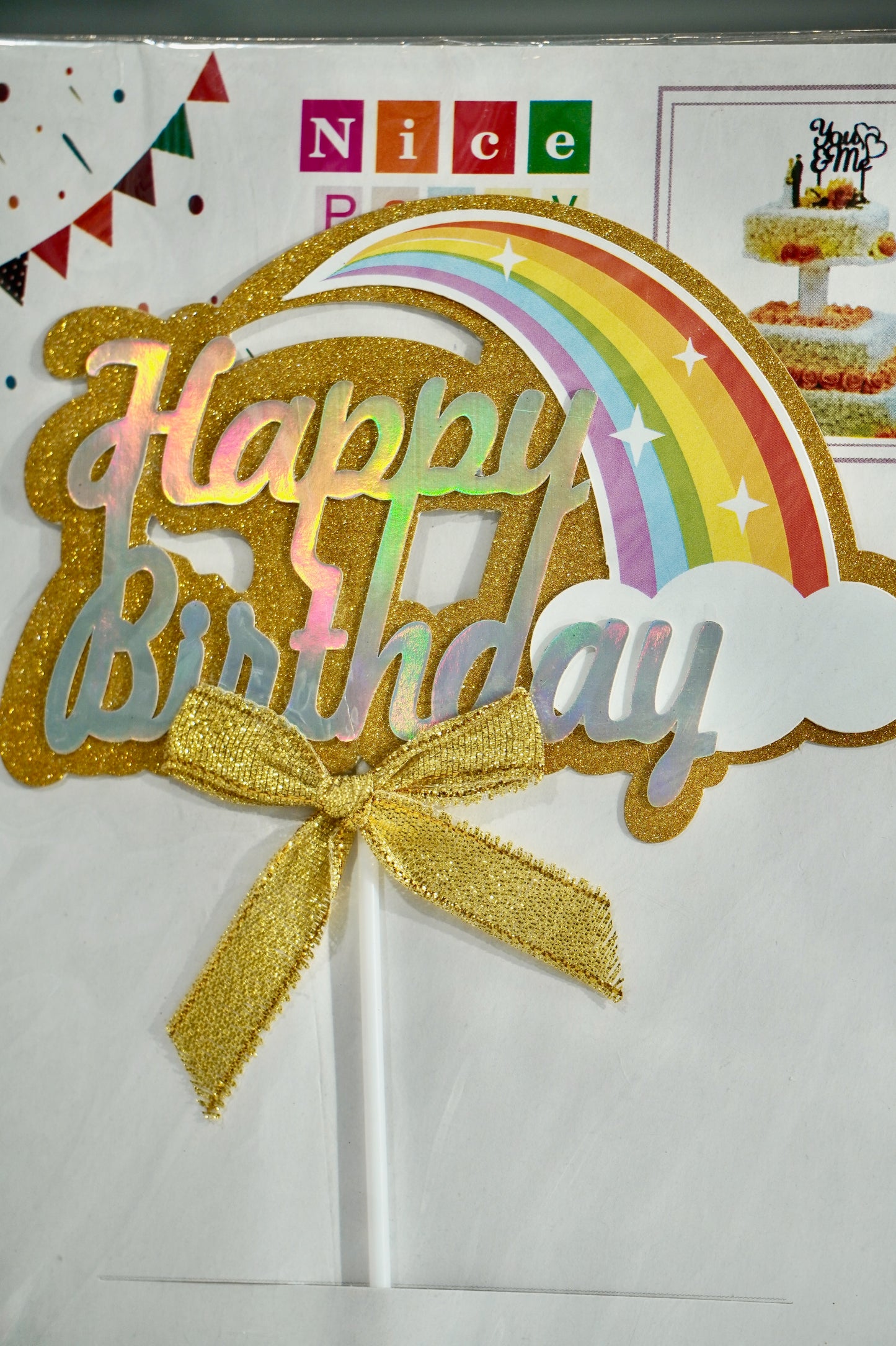 Gold Happy Birthday Cake Topper with Rainbow