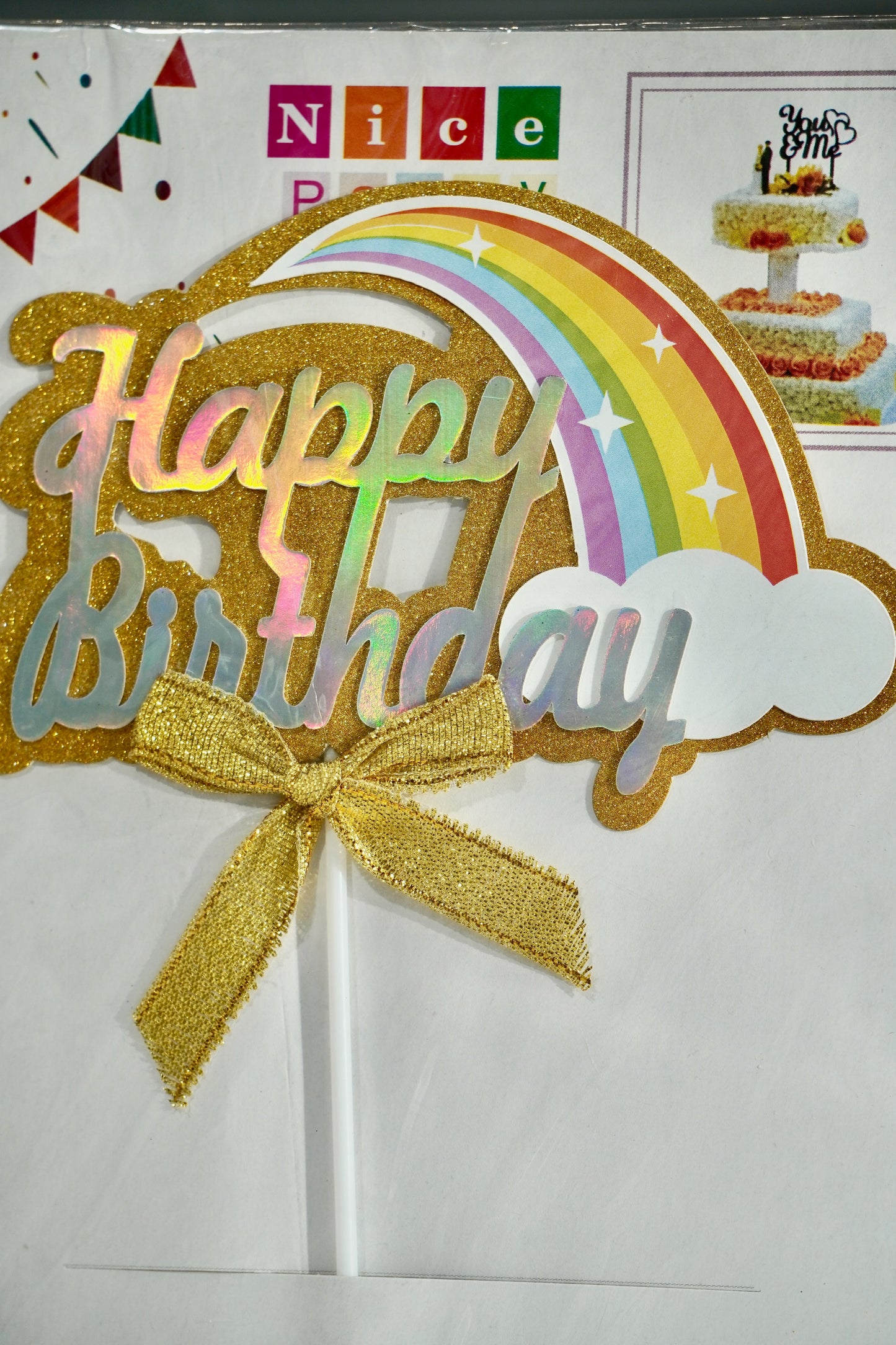 Gold Happy Birthday Cake Topper with Rainbow
