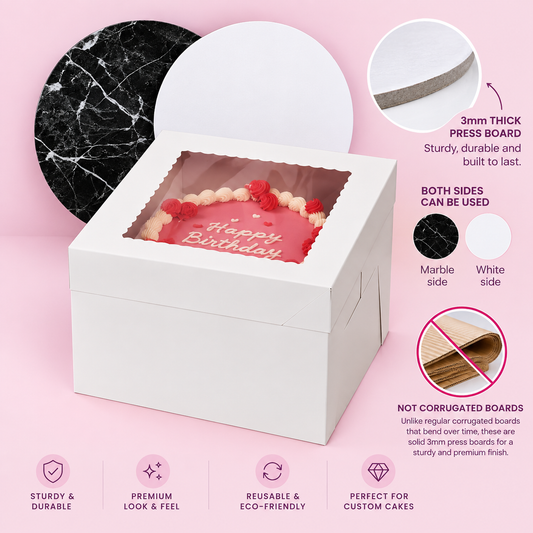 QuickaBox - 8 x 8 x 8 Tall Cake Paper Box With 3mm Dual-Sided Cake Board
